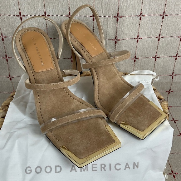 Good American Suede Strappy Heels Gold Square Toe Sz 9 Light Brown Leather New - Picture 2 of 8